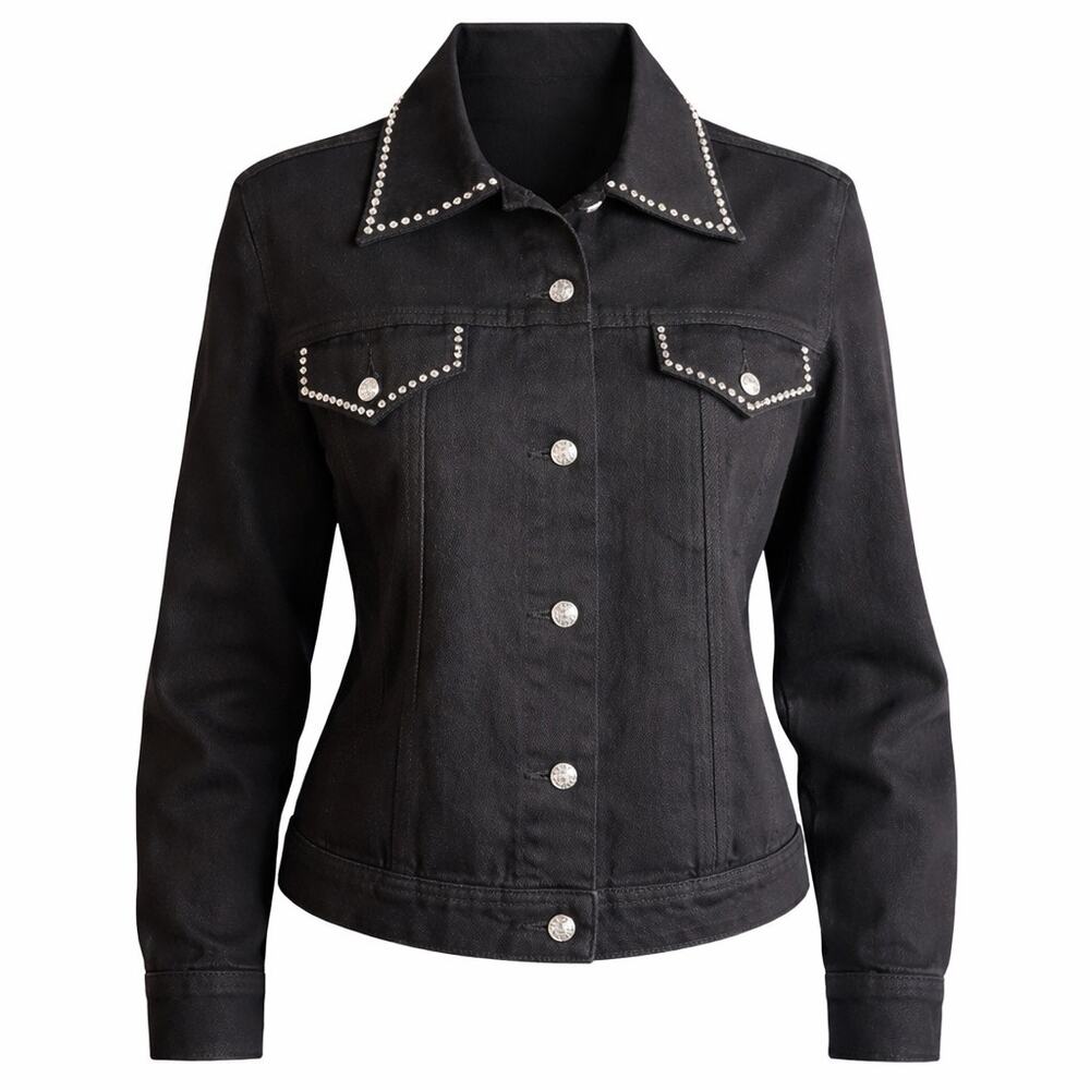 Talk of the Walk Black Rhinestone Button Denim Jacket Western Glam Cowgirl M